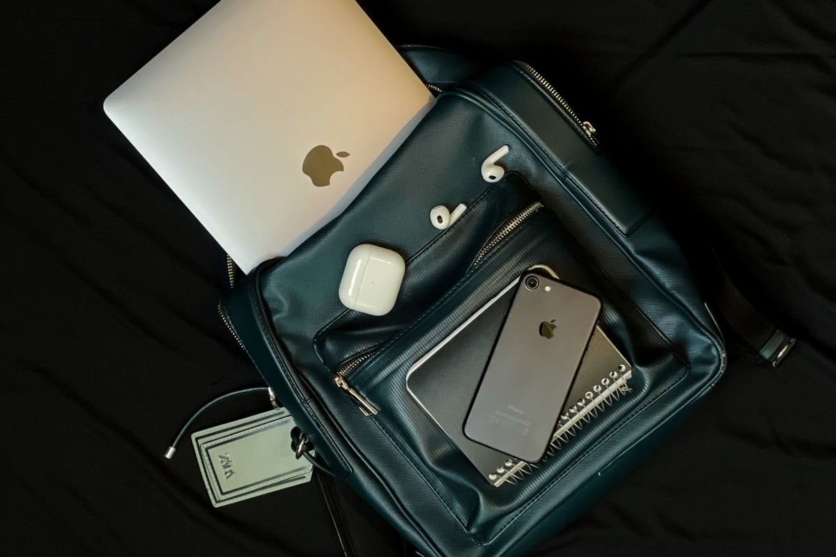 An open backpack showing a padded laptop compartment from above